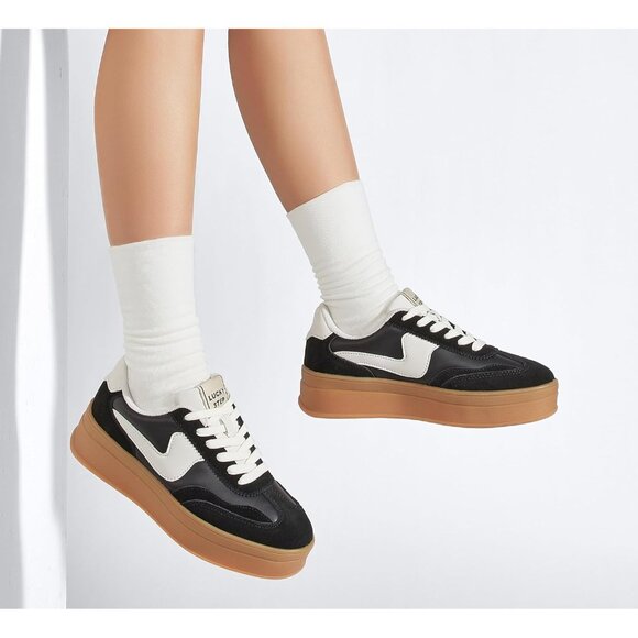 Women Platform BlackWhite Sneaker Thick Sole Suede Leather Low Top Walking Shoes - Picture 6 of 9